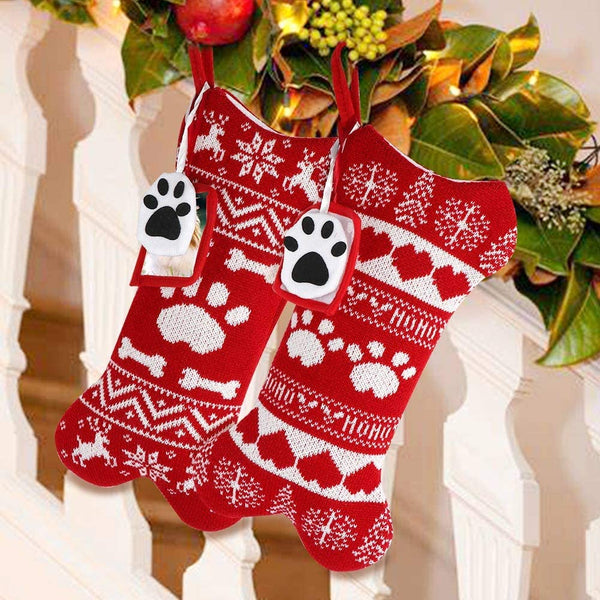 2pcs Pet Dog Christmas Stockings, Knit Christmas Stockings Large Bone Shape Pets Stockings for Dogs Christmas Holiday Decor