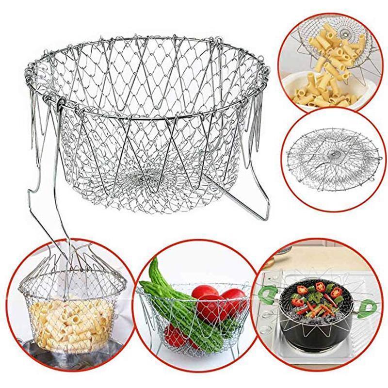Foldable Steam Rinse & Stainless Steel Folding Frying Basket