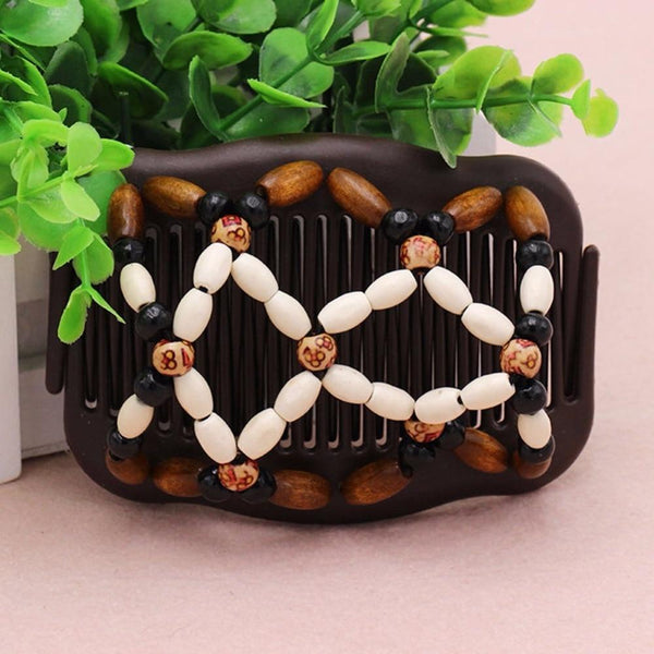 Women Wood Beaded Stretch Double Side Magic Hair Combs