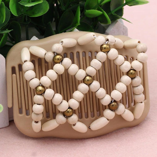 Women Wood Beaded Stretch Double Side Magic Hair Combs