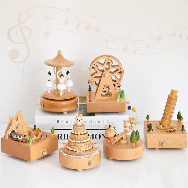 Wooden Landmark Musical Box Decorations Ornaments Moving Magnetic Car