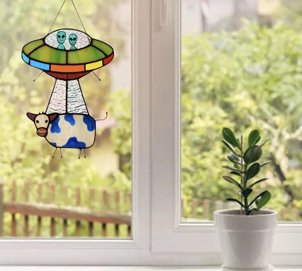 Alien and cow dyed sunbathing window decoration, painted UFO pendant