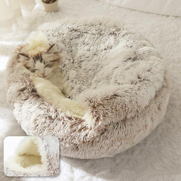 Round Plush Pet Calming Cave Bed