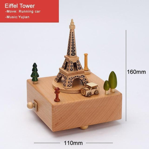 Wooden Landmark Musical Box Decorations Ornaments Moving Magnetic Car